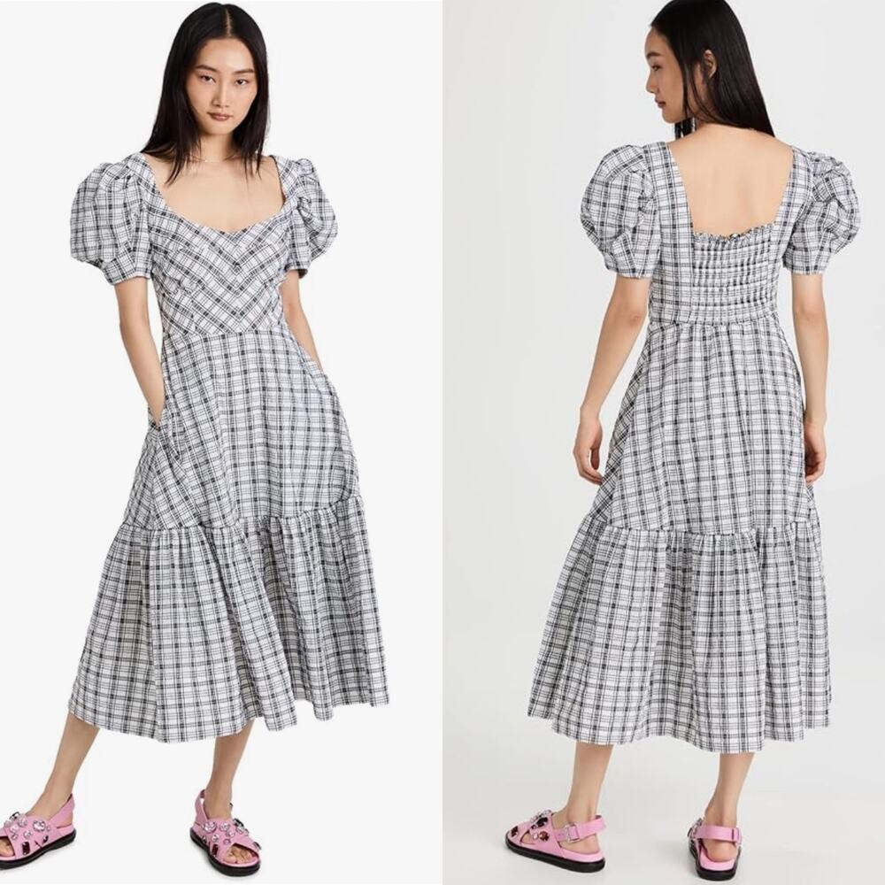 Tanya Taylor Danielle Gingham Midi Dress Pockets Puff Sleeves Plus Size 14 EUC